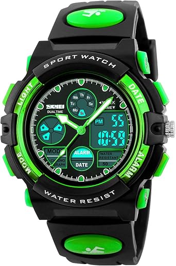 Kids Digital Watch LED Outdoor Sport 50M Waterproof Watch Boys Children Analog Quartz Wrist Watch with Alarm Green