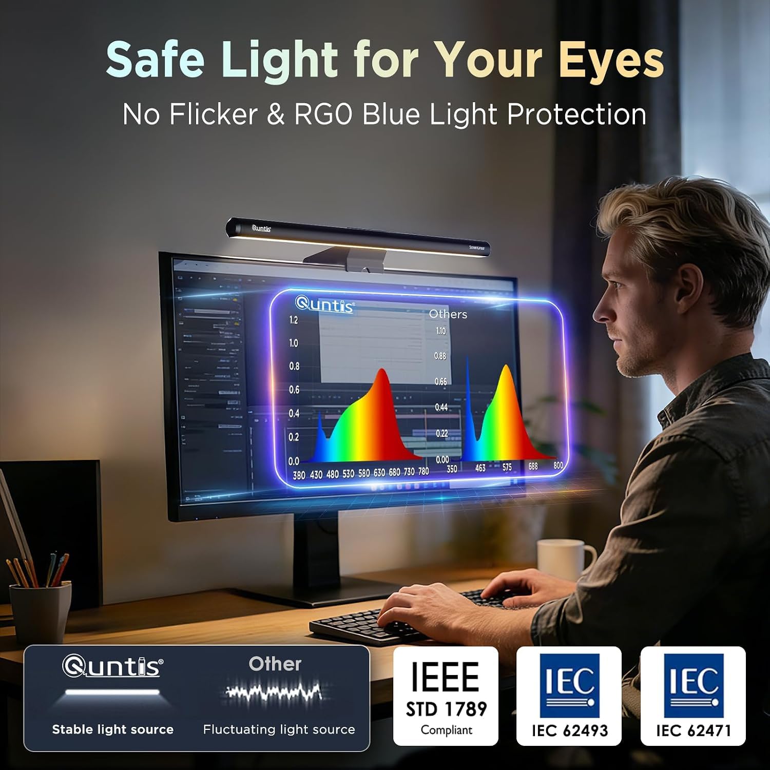 Quntis LED Lampe Ecran PC Lampe de Bureau USB d'ordinateur 40CM RGB Light Bar Monitor Computer, Lumière Ambiante Réglable 15 Couleurs d' Eclairage, Barre Lumineuse pour Gaming Lecture Office