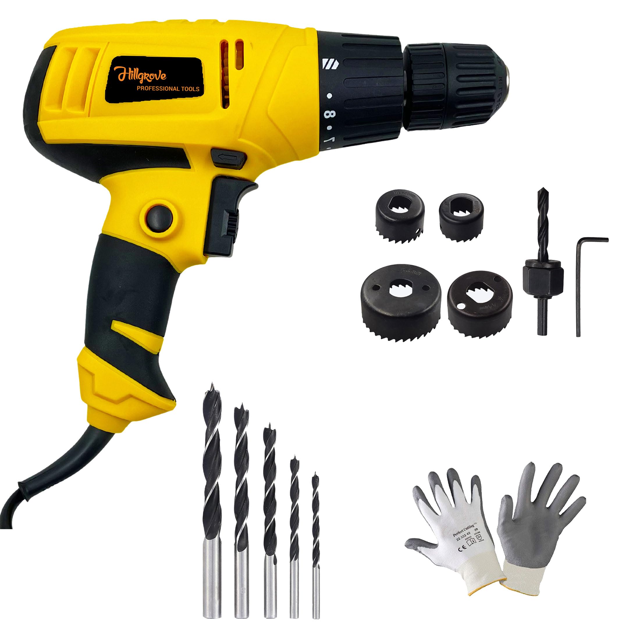 Hillgrove HM1179M1 350W Electric Screwdriver Power Drill Machine with 5Pcs Wood Bits and 6Pcs Hole Saw Bits for Making Holes in Metal/Wood/Concrete with Reverse Rotation and Variable Speed Pistol Grip