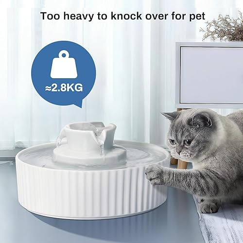 Miniatura 6 de Fuente de agua de cerámica para gatos de 2.1 litros, para gatos y perros, fuente de cerámica 360 para mascotas, gran capacidad de agua de 70 onzas,