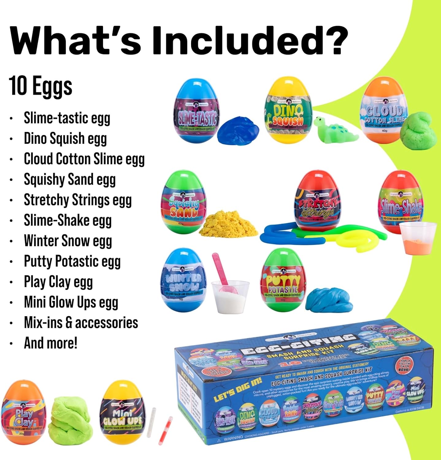 Original Stationery Smash and Squash Surprise Eggs – 10 Pre-Filled Eggs with Slime Shake, Stretchy Strings, Squishy Sand & Dino Toys – Fun Birthday Party Favors for Boys