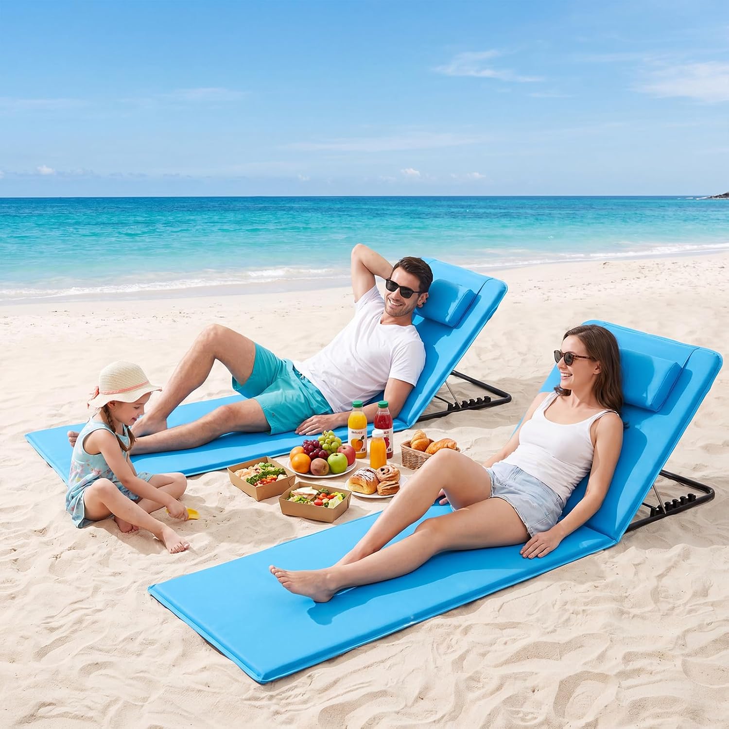 Karenhi 2 Pack Adjustable Beach Lounge Mats with Backrest 5-Position Folding Tanning Chair Lightweight Portable Outdoor Chaise 330.7lbs for Patio Camping Pool Garden (Sky Blue)