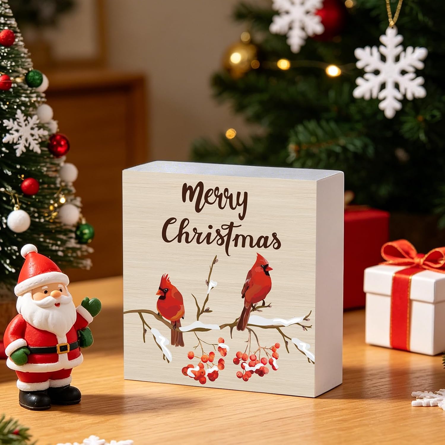 Christmas Decorations Indoor Christmas Decor Table Home Room Cardinals Office Bathroom Wood Box Sign Rustic Wooden Shelf Desk Decor Season Sign House Warming Gifts 5.9 x 5.9 Inch