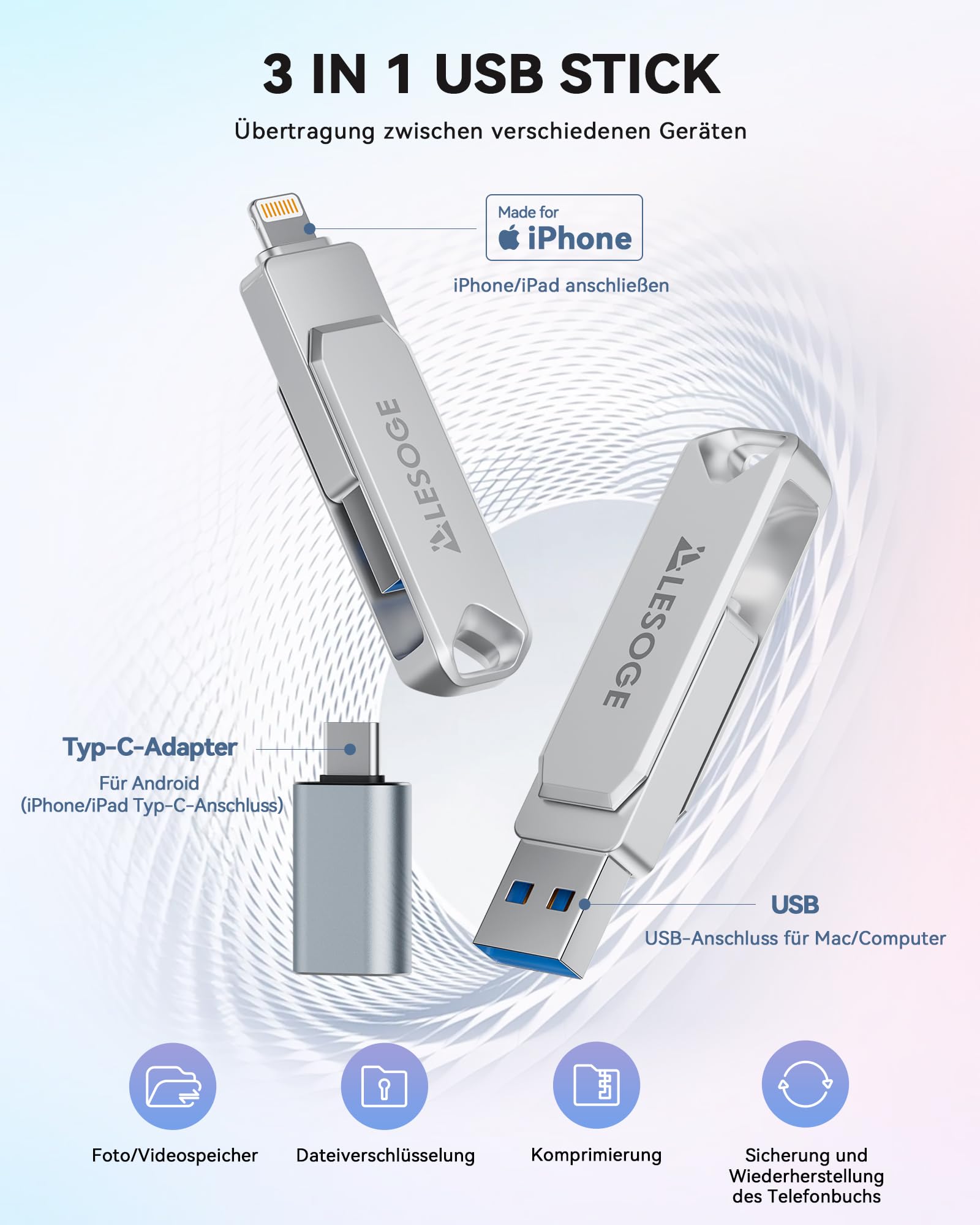 Chiavetta USB per iPhone, 128 GB, 3 in 1 | Certificato MFi, facile backup di foto e video. Per iPad, Android, PC e Mac.