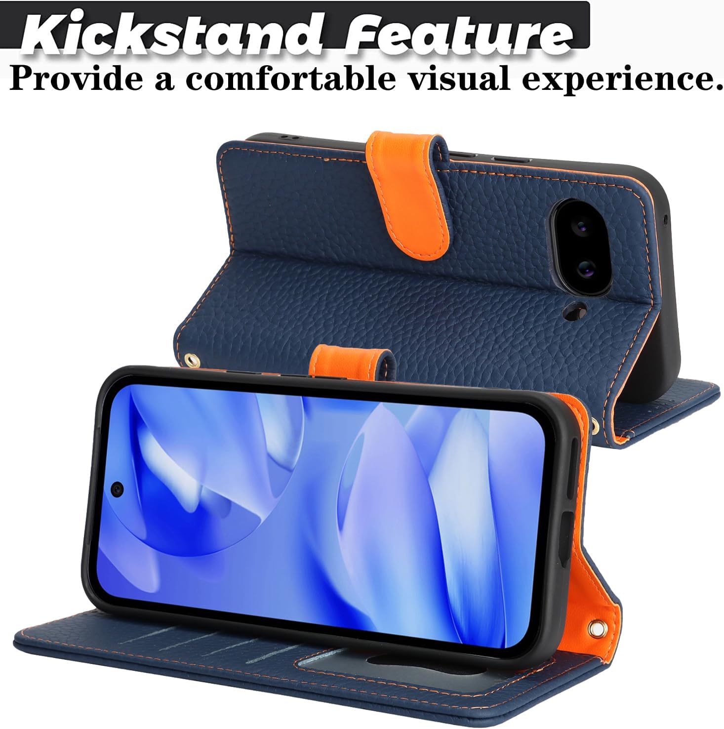 Zouzt Case for Google Pixel 9A Genuine Leather Wallet Case with 4 Card Slot, RFID Blocking Card Holder Magnetic Flip Folio Shockproof Phone Cover Women Men for Google Pixel 9A - Blue & Orange