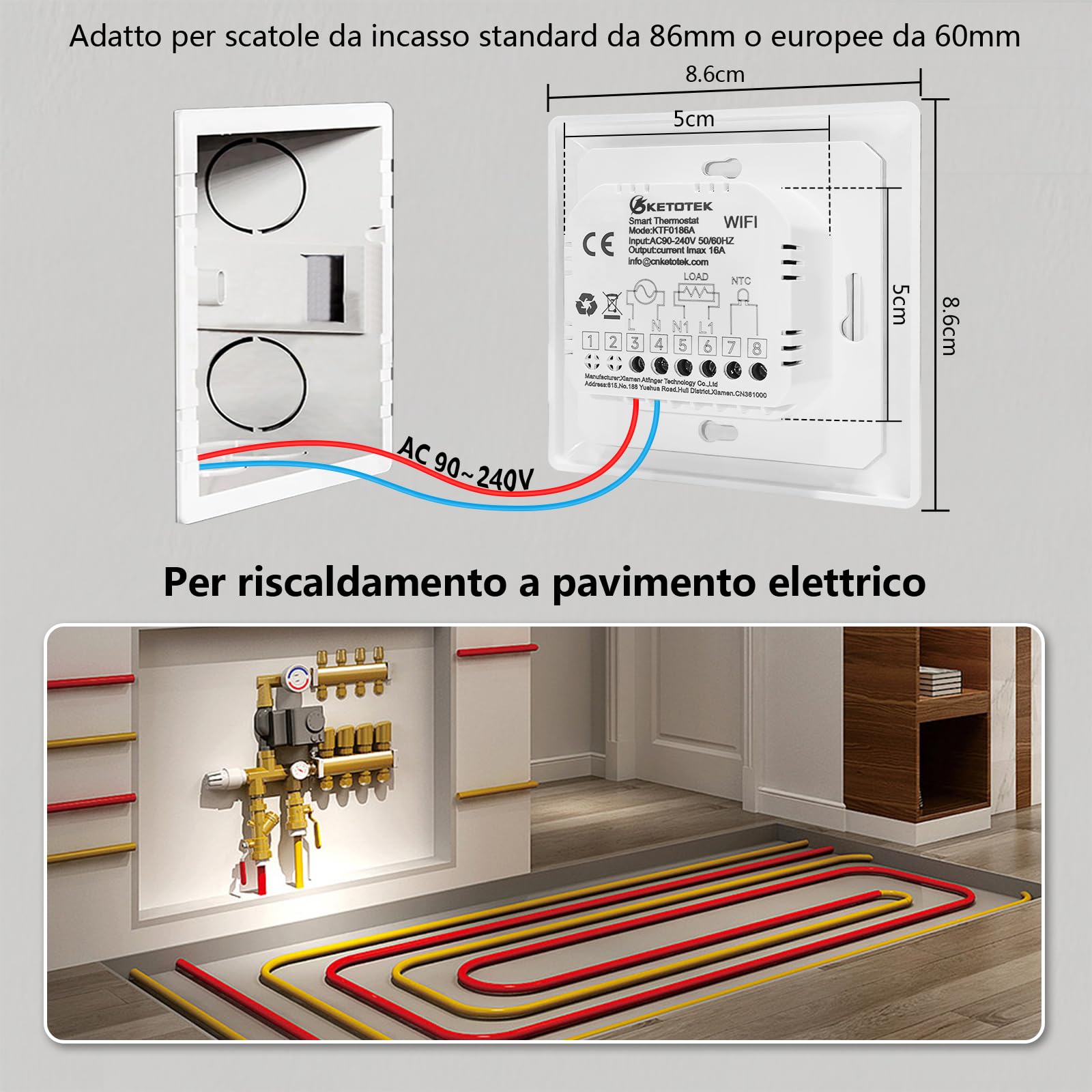 KETOTEK Termostato Digitale Smart per Riscaldamento a Pavimento Elettrico, Cronotermostato WiFi Programmabile 16A, Termostato Ambiente con Sonda, Compatibile con Alexa Comando Vocale