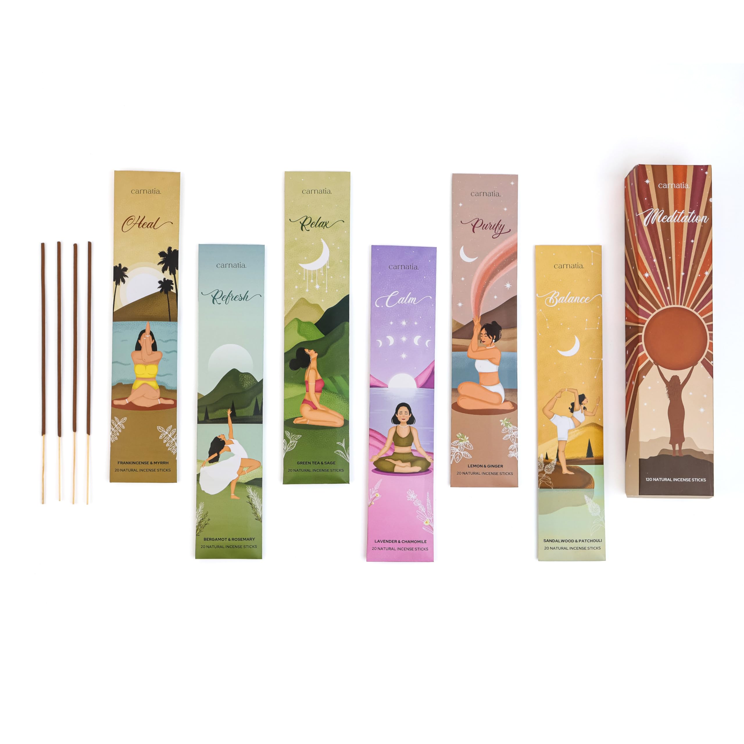 Carnatia Juego de incienso de meditación, 6 aromas calmantes para la práctica espiritual, aromas refrescantes para atención plena, paz interior y relajación