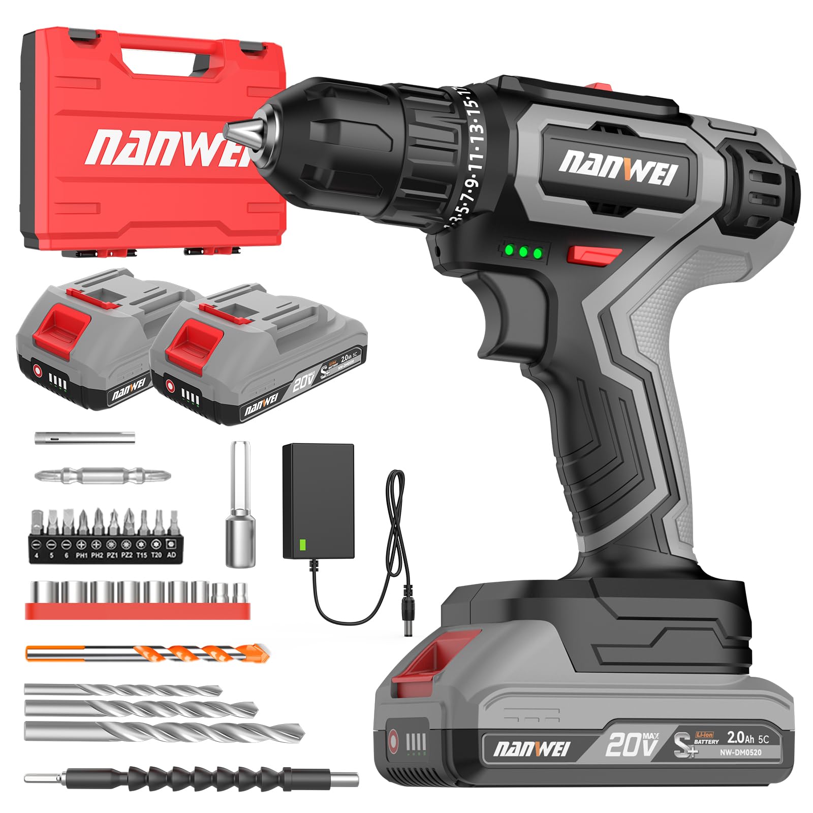 NANWEI Cordless Drill, 30N.m Electric Drill, 2 Speed Mode, 25 Torque Setting for Home and Garden DIY Project (Two Batteries)