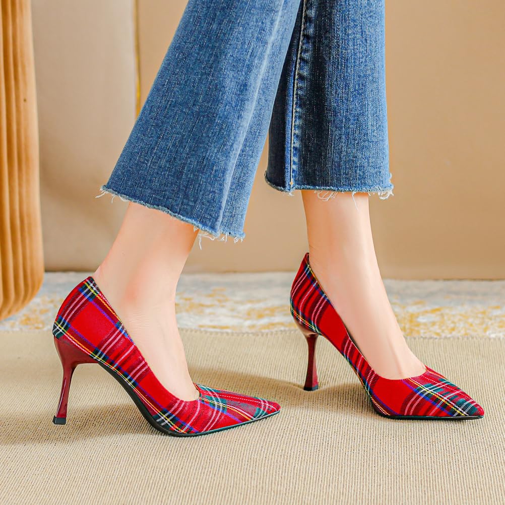 Zapatos de Tacón Mujer Lona Cuadros Vichy Punta Afilada Tacón de Aguja Delgado 7.5cm con Suela Antideslizante para Trabajo & Eventos Jardín