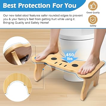 Bamboo Toilet Stool Foldable, 7 in Poop Stool for Bathroom, Portable Squatting Potty Stool for Adults & Kids, Non-Slip Toilet Foot Pooping Steps, No Assembly Required