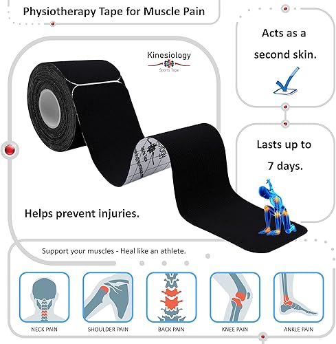 Vista 5 de Cinta de kinesiología precortada con dispensador – Cinta muscular deportiva sintética – Negro – Rollo de 16.4 ft – 20 tiras – Cinta de fisioterapia