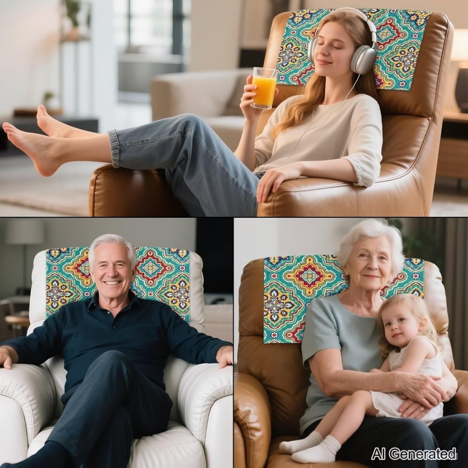 Mexican Tile Couch Headrest Covers, Simple Sofa Head Rest Protector, Durable Anti-Scratch Recliner Head Covers, Non Slip Furniture Slipcovers, Teal Household Decoration