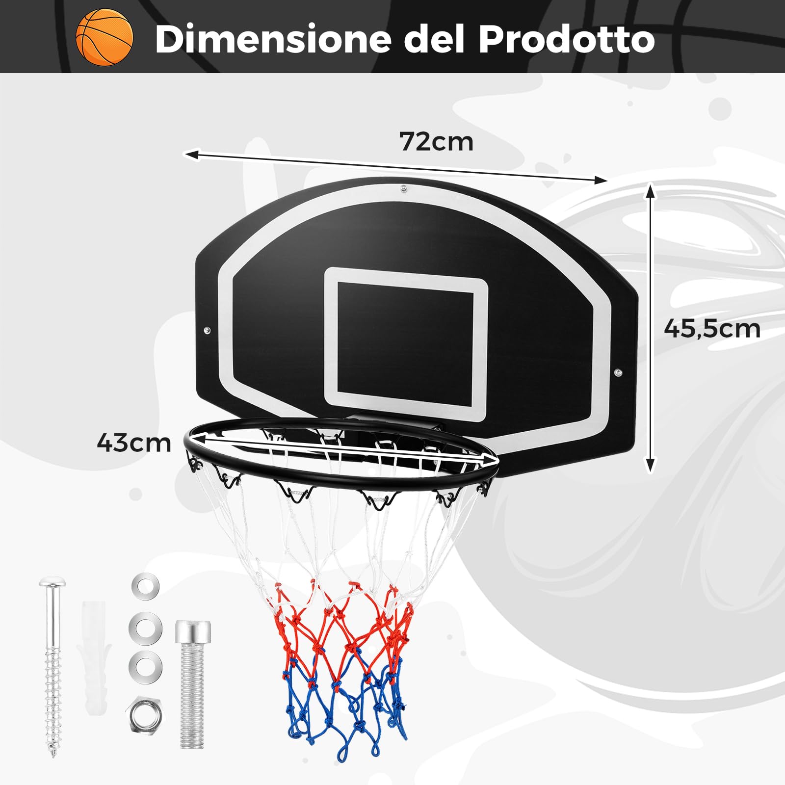 COSTWAY Tabellone Basket da Muro per Bambini e Adulti, Canestro da Basket a Parete con Tabellone Antiproiettile da 72 x 45,5 cm, Rete Anti-vento e Accessori Completi
