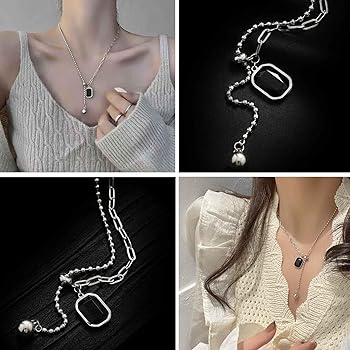 Amazon | W WEILIRIAN ブラック スクエア Y ラリアット ネックレス