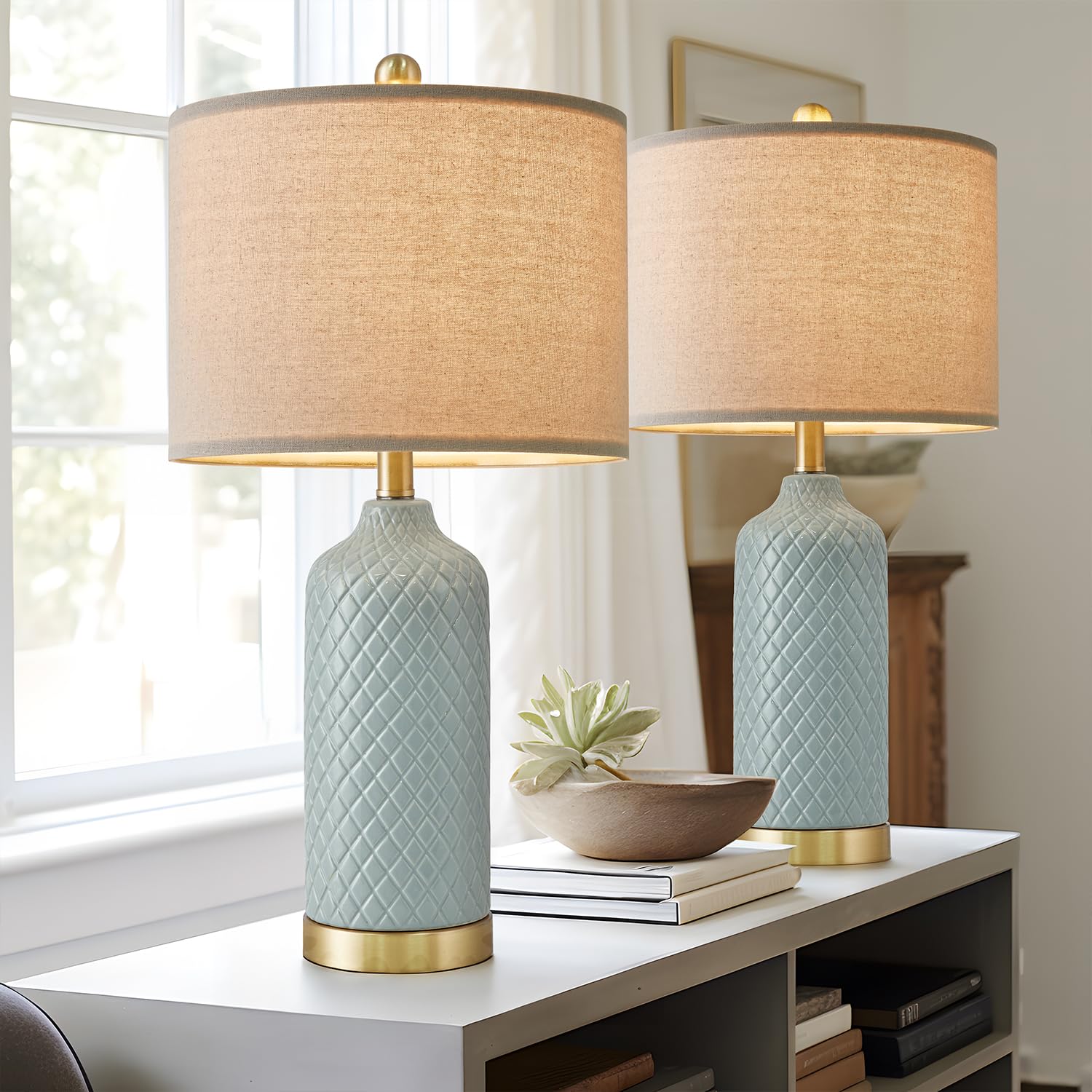 24.25" Modern Ceramic Table Lamp Set of 2 Blue and Gold Lamp for Bedroom Living Room Bedside Lamps for Nightstand