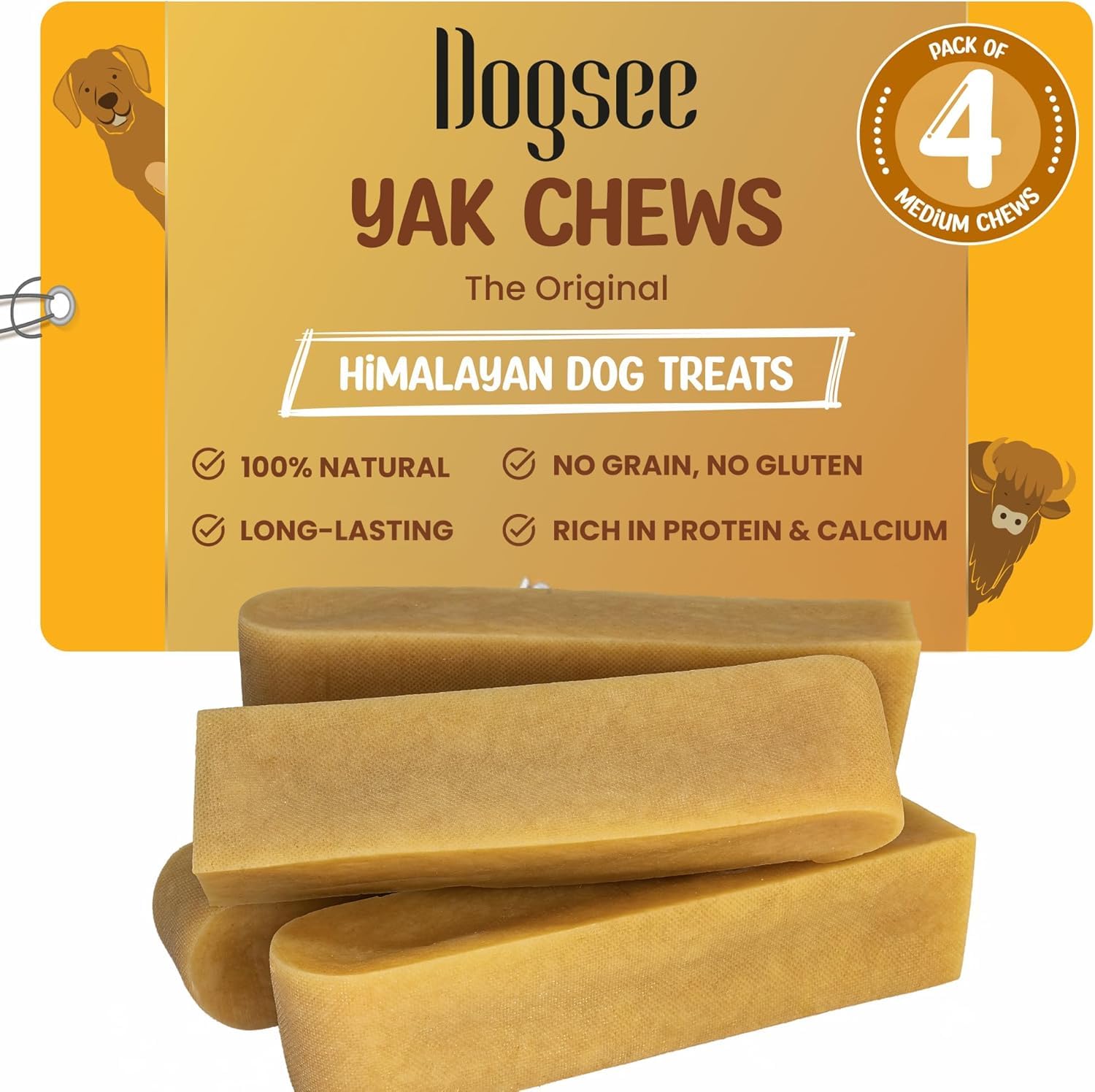 Dogsee Original Himalayan Yak Chews for Dogs (Medium - 4 Bars) .100% Natural, 60% Protein, Dog Treats for Medium Breed Dog Chews Long Lasting for Aggressive Chewers — image 1