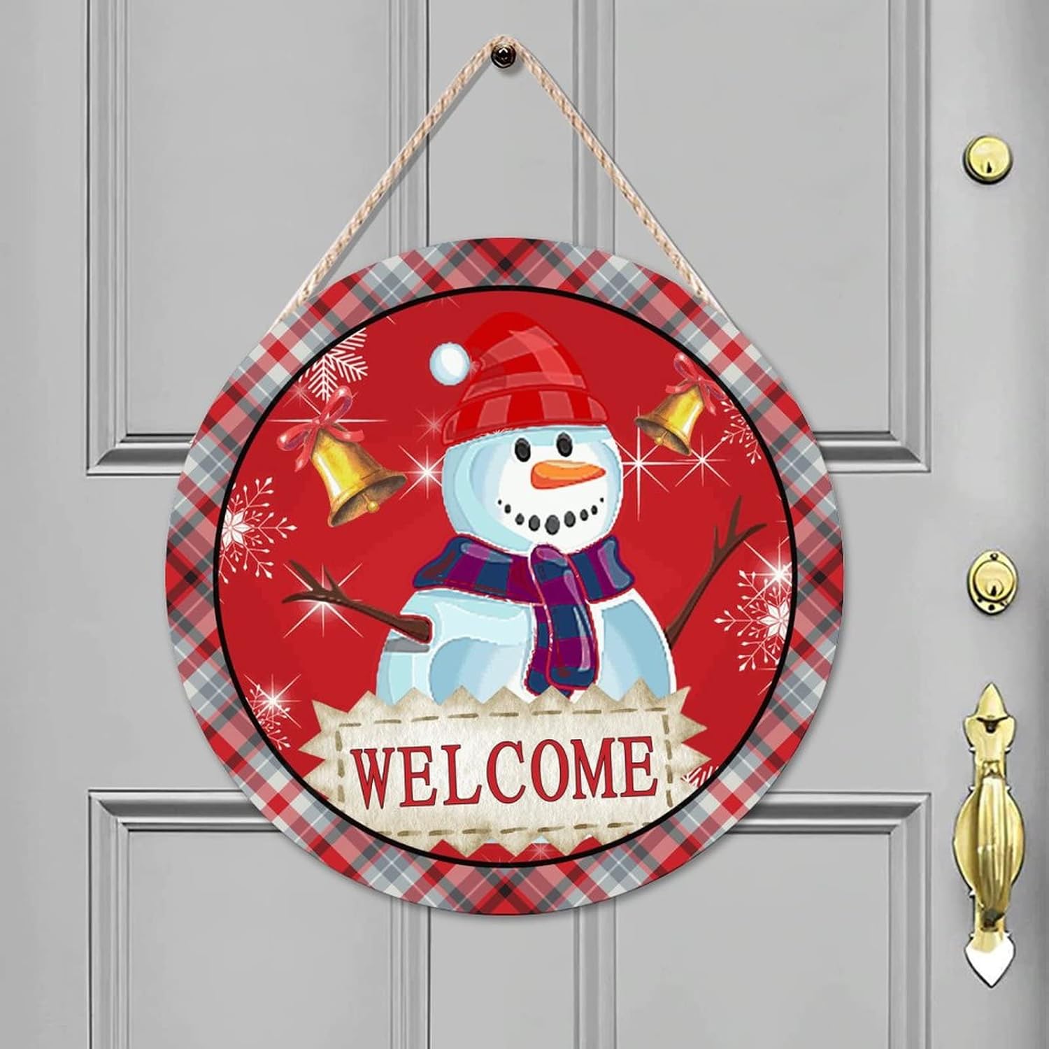 Snowman Welcome Wood Door Sign, Snowflake Front Door Round Welcome Wood Sign, 16x16in Snow Welcome Wall Door Hanging Sign Decor for Outdoor Front Porch Farmhouse Housewarming Gifts