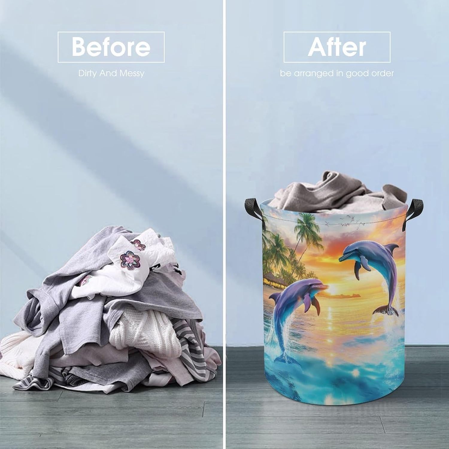 Dolphin Sunset Funny Laundry Hamper Dirty Clothes Storage Basket with Handle for Bathroom Living Room image 5