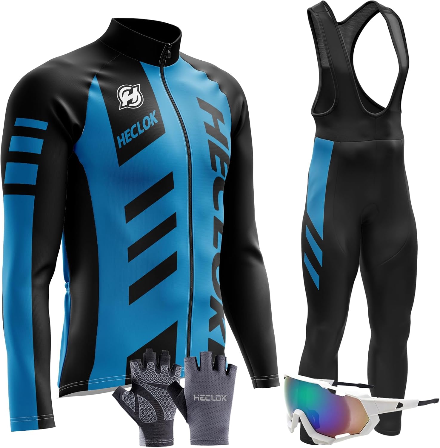Men's Cycling Long Sleeve Jacket Suit Windproof Clothing Set, Long Sleeve Cycling Jersey with 9D Padded Bib Biking