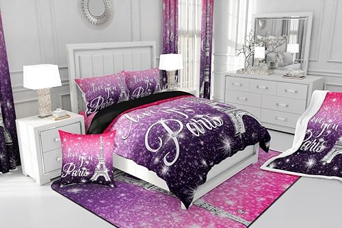 Miniatura 7 de Juego de edredón de París tamaño Queen para niños, Torre Eiffel, edredón brillante con cielo estrellado y galaxia para niños, niñas, adolescentes,