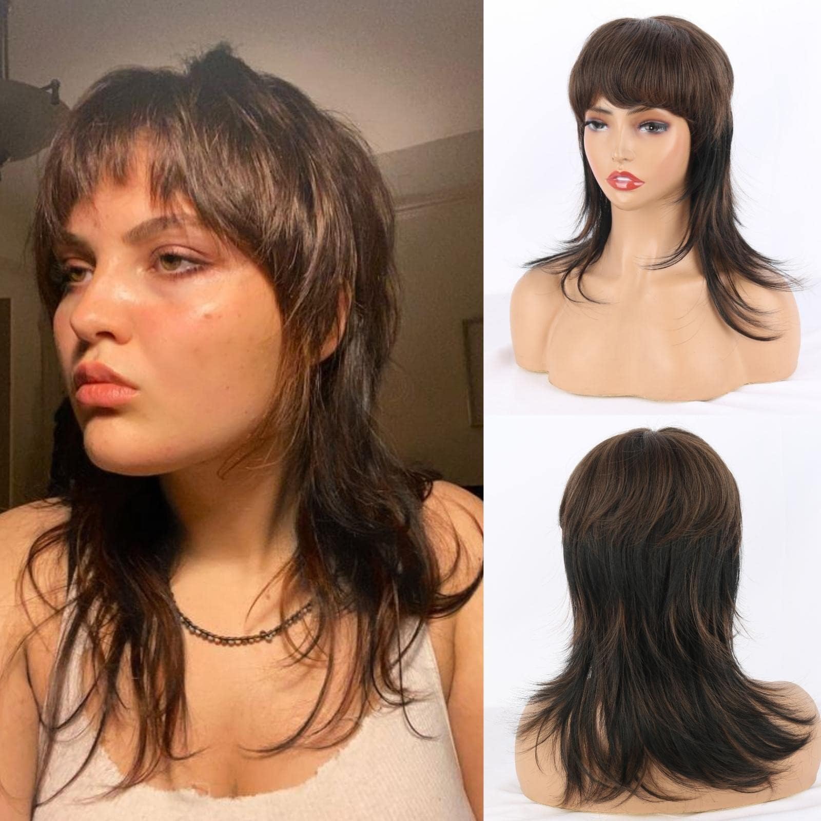 Short Brown Mullet Wig with Bangs Layered Synthetic Wolf Cut Mullet Wigs for Women Cosplay Use