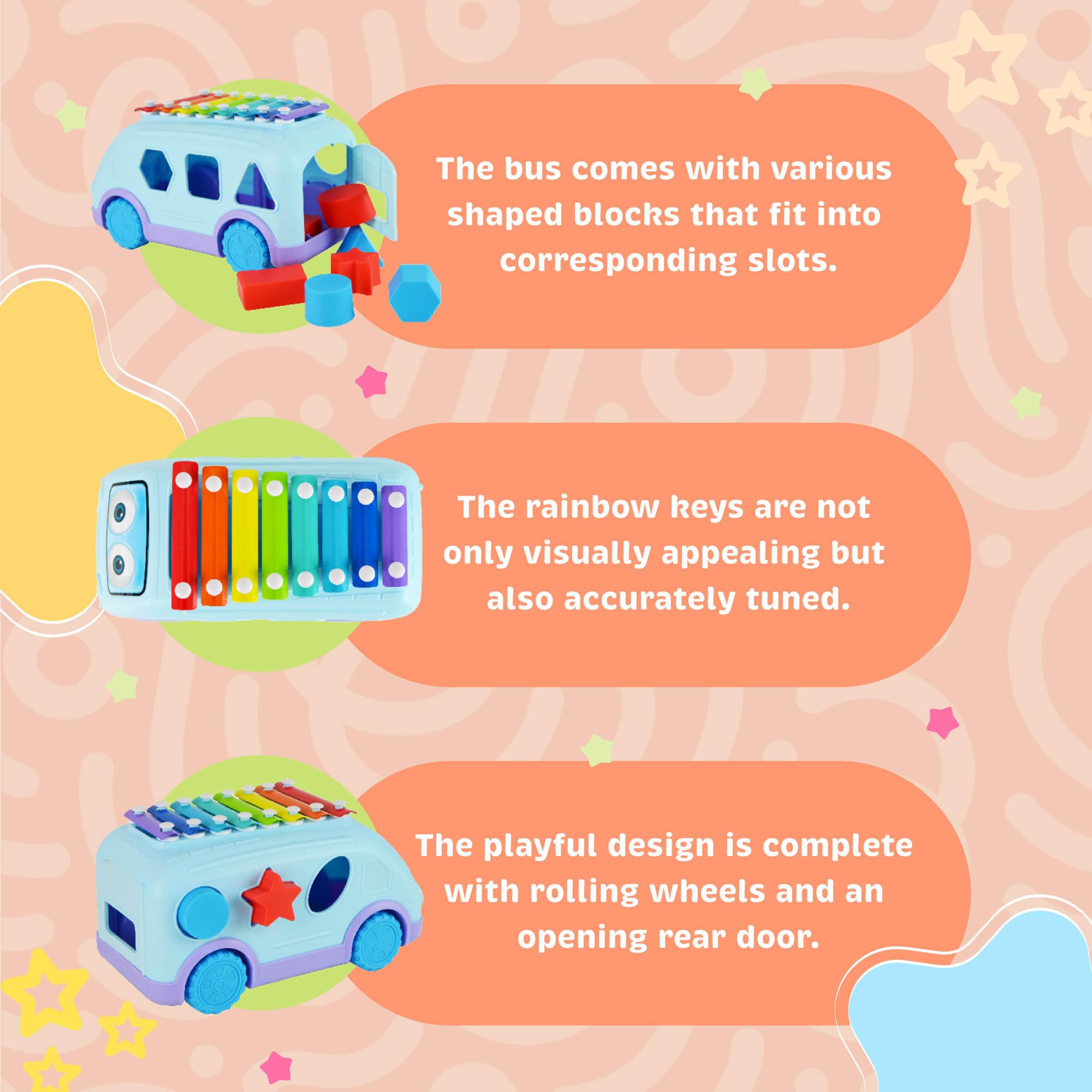 Little Star Pull Along Musical Bus Xylophone, Colourful Engaging Shape Sorter for Interactive Musical Development - Image 3