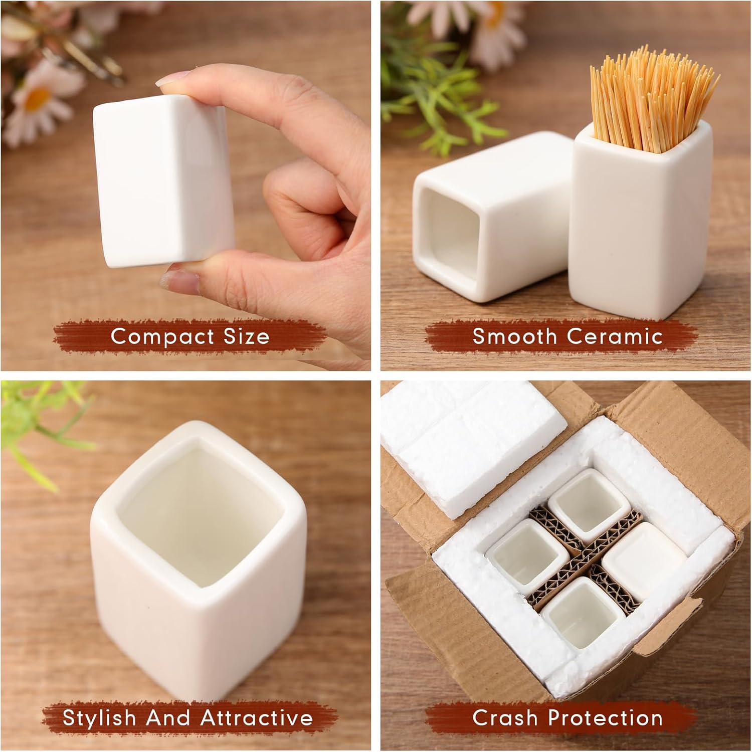 Mimorou 4 Pcs White Ceramic Toothpick Holder Simple Ceramic Toothpick Dispenser Container for Home Kitchen Charcuterie Board, Easy to Clean