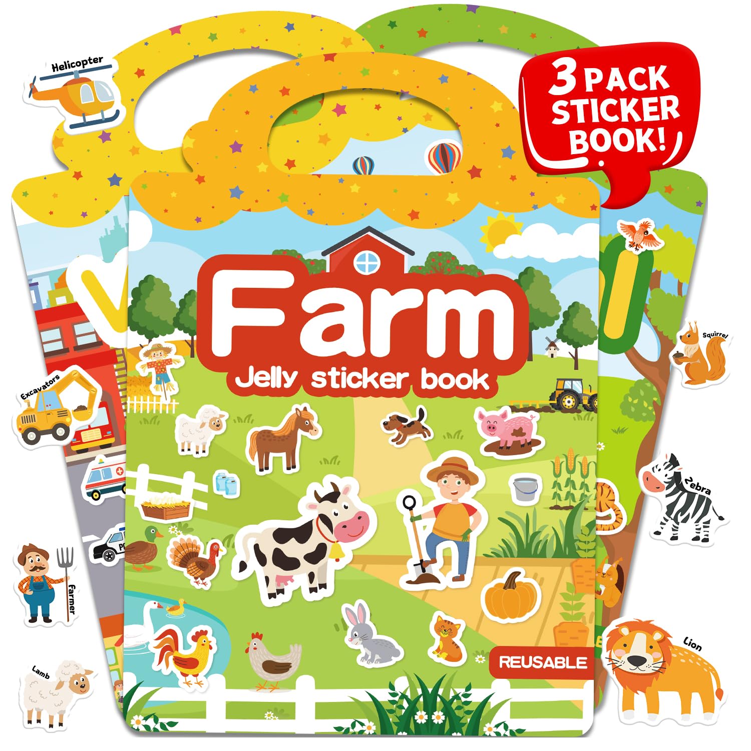 3 Sets Reusable Sticker Book for Toddlers 3-6, Jelly Sticker Books for Toddler, Travel Sticker Activity Toys for Kids 3 4 5 6 Years Old Girls &amp; Boys（Farm + Vehicles + Animal）