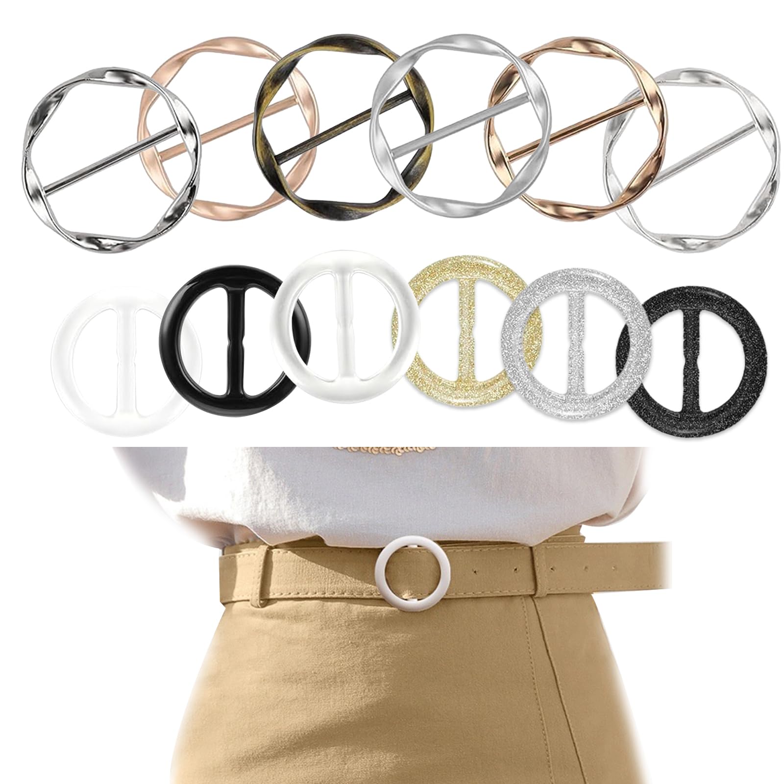 Juego de 12 pinzas para camisa redondas con hilo de metal, 2 tipos de pinzas para camisa ajustables, hebillas anudadas y cierres hechos de resina, hebilla de cinturón para mujer, hebilla para camisa