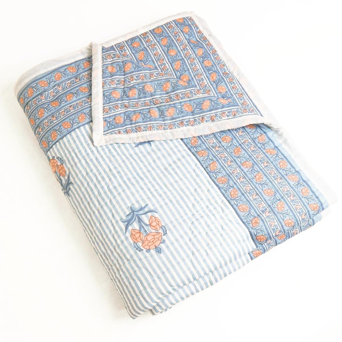 Peepul Tree Cotton Malmal Comforter - Blue & Pink -3