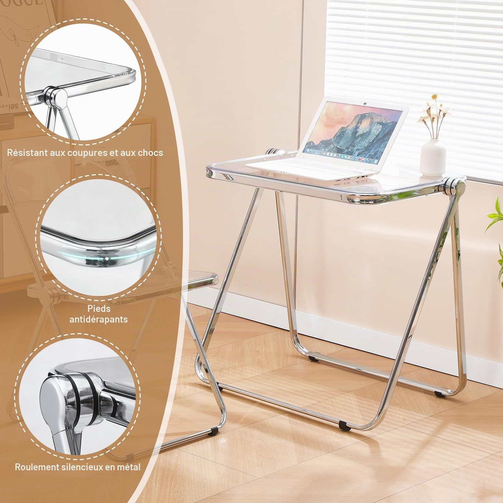 Table Pliante en Acrylique Transparent, Design léger et Pliable pour Salon, Cuisine, Balcon — Gain de Place, Tawny
