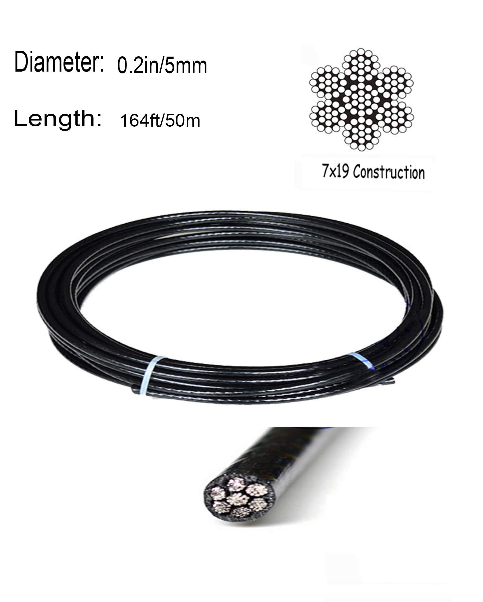 Cable de cuerda de acero inoxidable 304 recubierto de vinilo negro, estructura de 7 x 19, longitud de 50 m, trenzado a prueba de óxido, diámetro de 5 mm