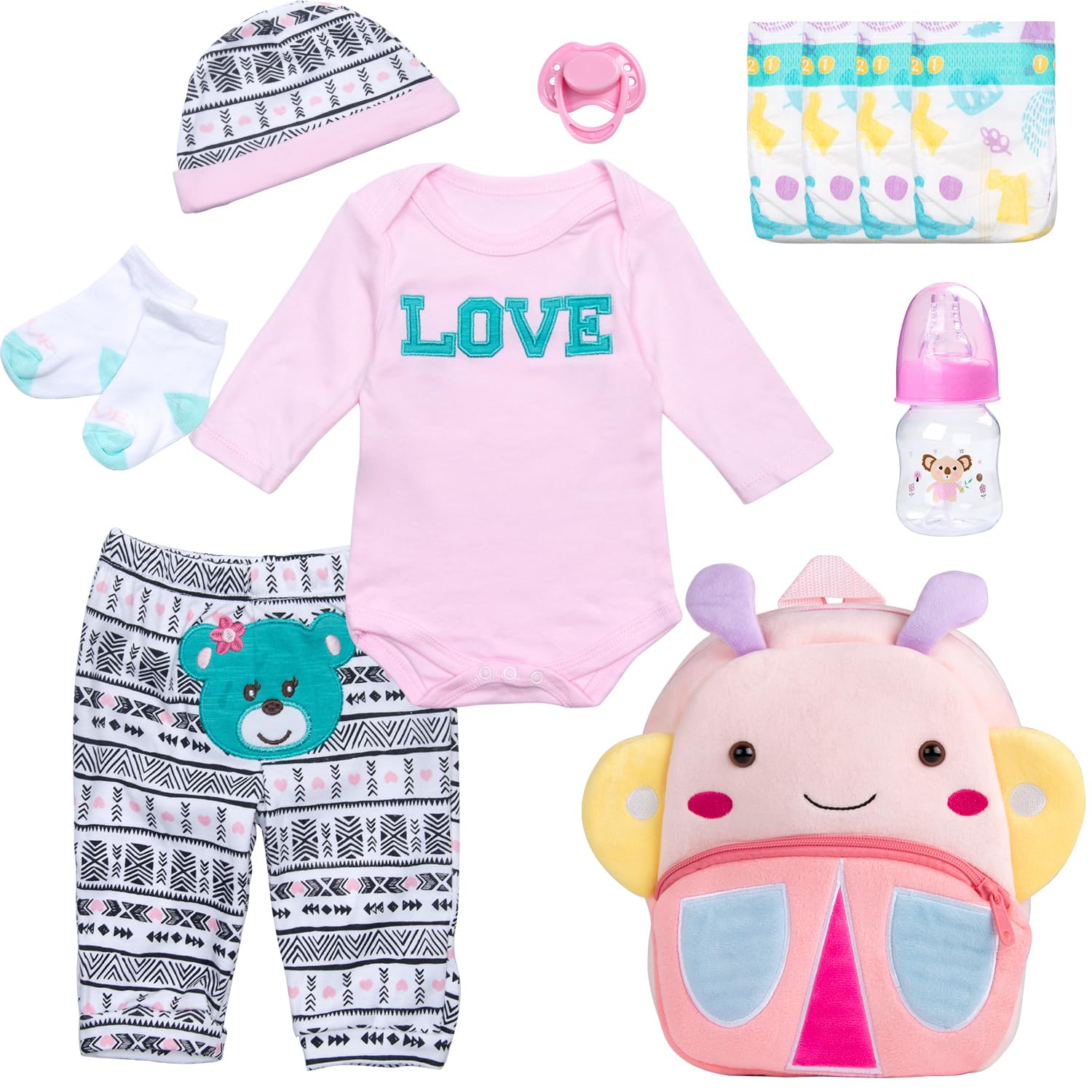 Reborn Baby Dolls Clothes Girl Outfits Accesories 11 Pcs Set for 17-22 Inch Reborn Doll Newborn Baby Girl with Butterfly Backpack&Diaper