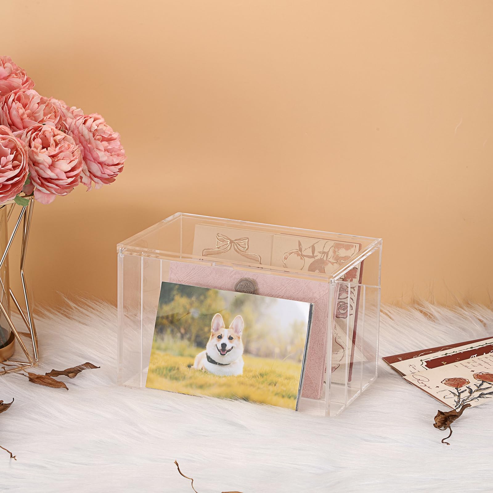 BTSKY Karteikasten aus transparentem Acryl, 12,7 x 20,3 cm, mit Schilddeckel und herausnehmbaren Einsätzen, unterteilter 3-Fächer, Karteikartenhalter, Notizkarten-Box, Foto-Aufbewahrungs-Organizer zum