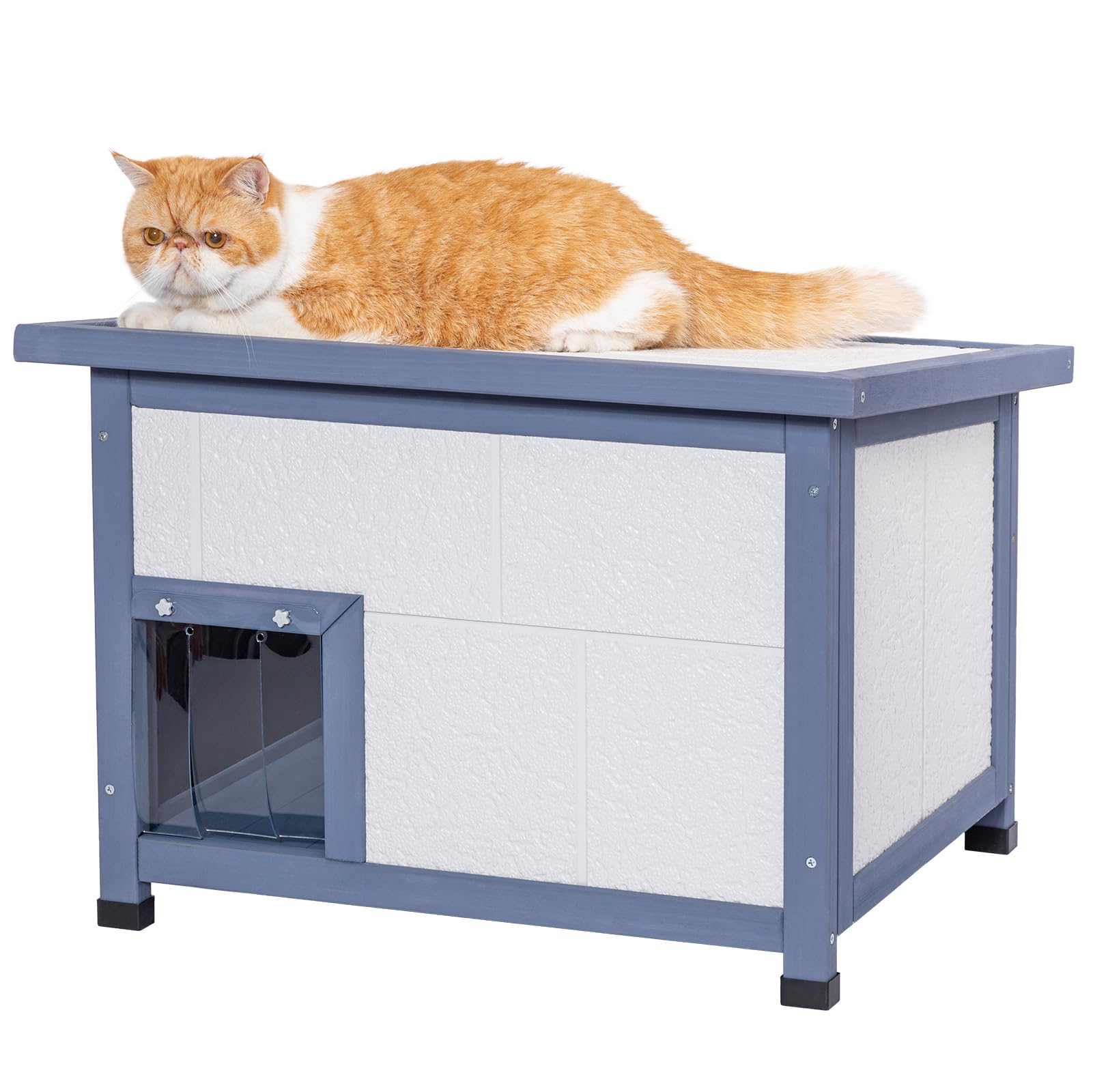QLS Kattenhuis van hout, 60 x 44 cm, voor draieten, geïsoleerd, winterbestendig, gemonteerd, outdoor, teak, 60 x 44 cm