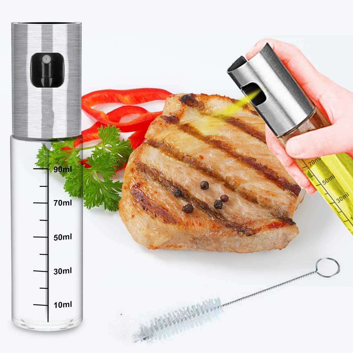 Oil Sprayers Olive Oil Sprayer Oil Mister Vinegar Sprayer Bottle for Cooking and Stainless Steel Pump Spritzer Can Container for Barbecue and Making Salad, Includes Two Cleaning Brush and One Funnel