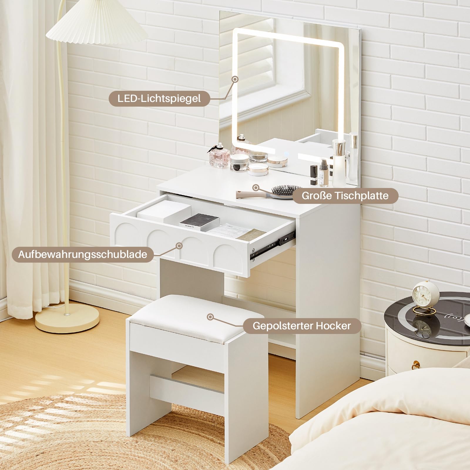 TUKAILAI Schminktisch mit Beleuchtung, Schminktisch Klein mit Spiegel, 60cm Breit Platzsparende Schminkkommode, Kosmetiktisch für Wohnung, kleines Zimmer, Weiß