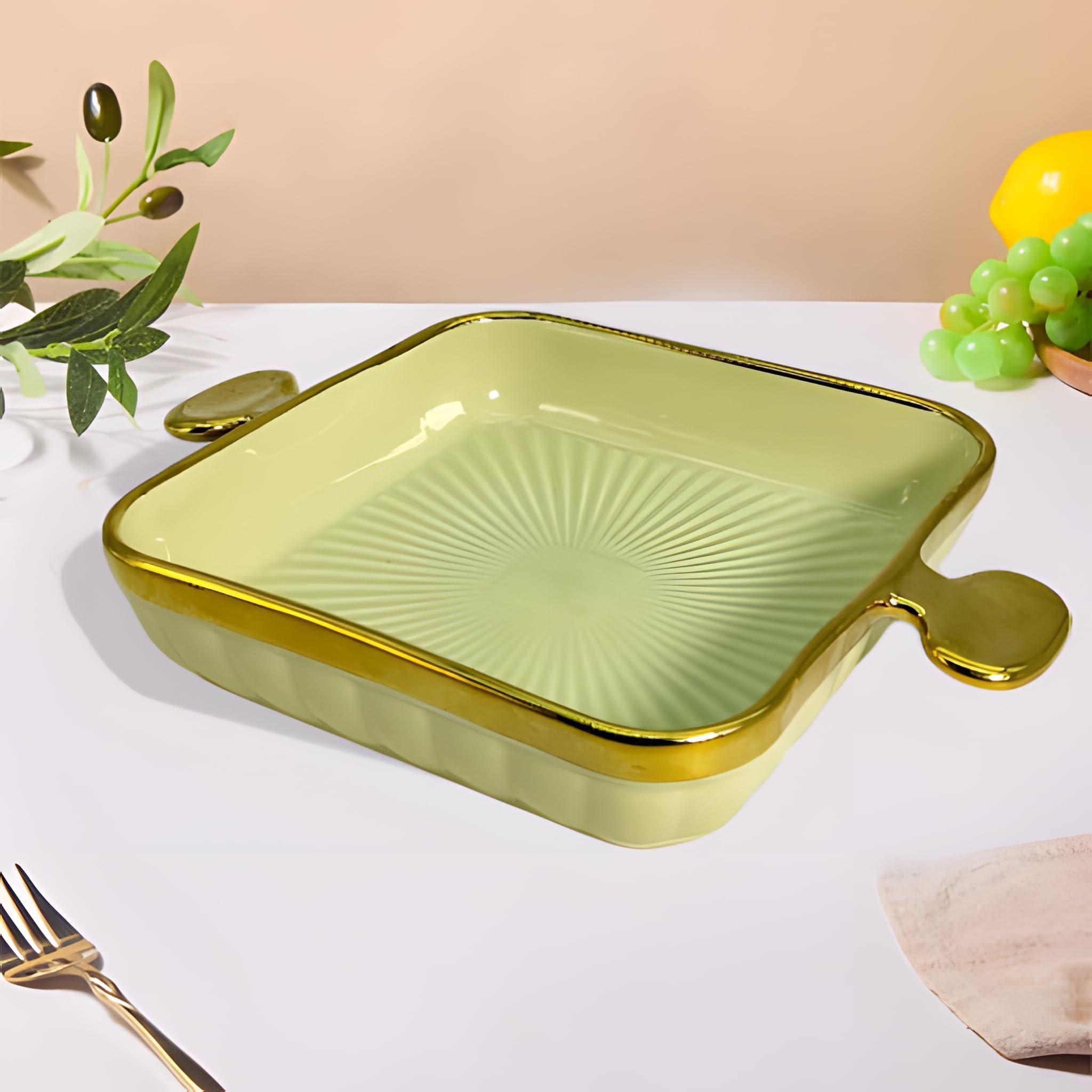 Lemon Tree Ceramic Square Deep Snack Platter with Golden Rim & Side Handles | Serving Dish for Snacks, Desserts, Veggies, Chips, Cookies, Fruits (Green)