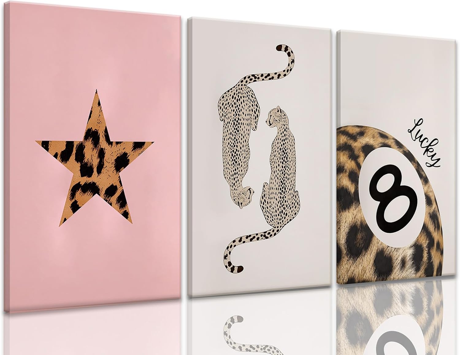 3Pcs Cheetah Wall Art Animal Leopard Canvas Prints Framed Funky Pink Pictures Lucky 8 Ball Posters Decor Paintings Aesthetic Y2k for Girly Bedroom Apartment Dorm Bathroom Living Room