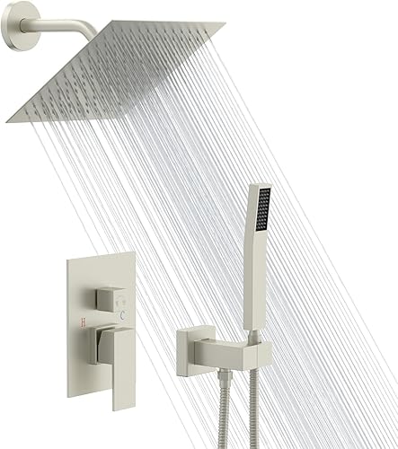 Lordear Sistema de ducha de lluvia de 10 pulgadas, juego de grifo de ducha montado en la pared, altura ajustable, cabezal de ducha de acero