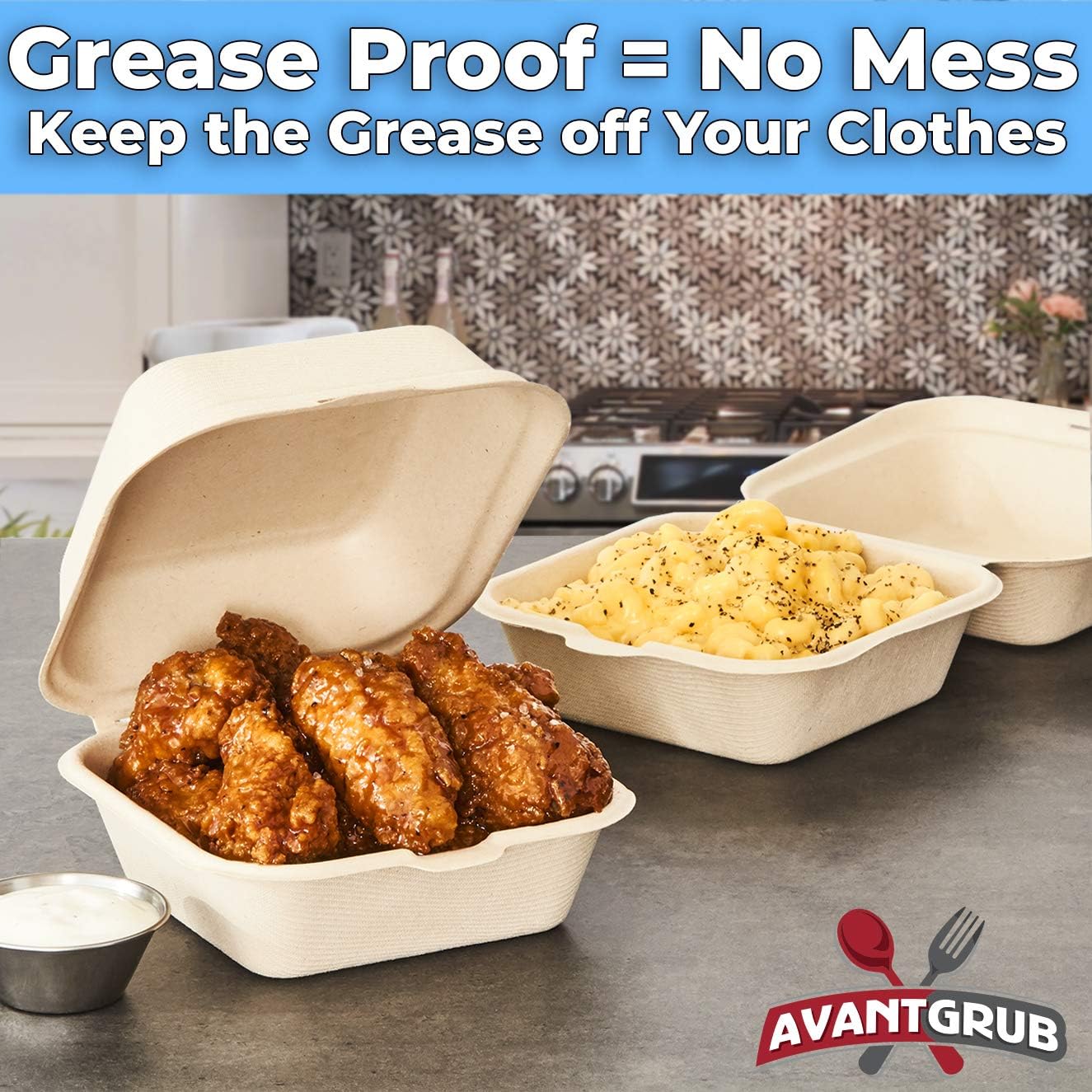 Avant Grub Food Storage Container, Biodegradable, Grease-Proof 6x6 Clamshell Small Togo Containers, Small Take Out Boxes 100pk. Disposable, Microwavable Take Out Container With Hinged Lid