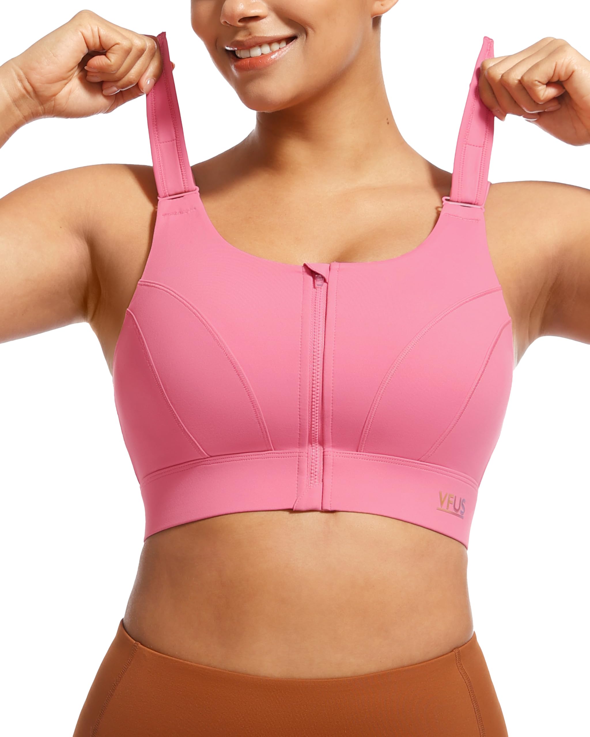 Sujetadores deportivos ajustables de alto impacto para mujer, con cremallera frontal, cobertura completa y parte superior de compresión acolchada, rosa (flamingos pink), XXL