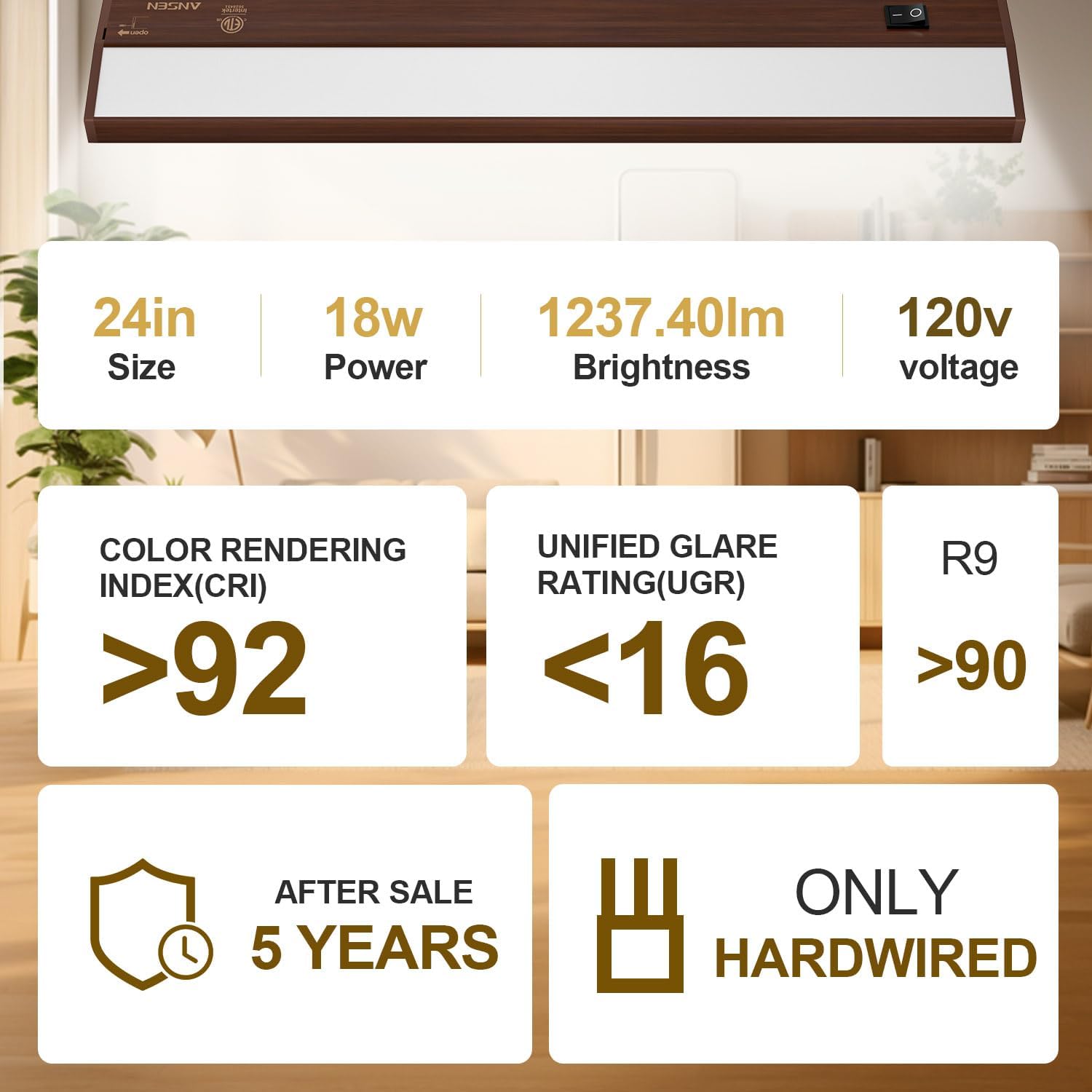 Ansen Hardwired Under Cabinet Lighting, 24IN 18W 1237LM Direct Wire LED Light for Kitchen/Closet, CRI>92, R9>90, Dimmable, 5 Color Temperature, 2700K-5000K(Warm White, Cool White, Daylight) image 2