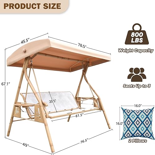Miniatura 7 de Columpio de patio para 3 personas para adultos con toldo ajustable y portavasos mejorados, tela de textileno, silla de columpio con soporte