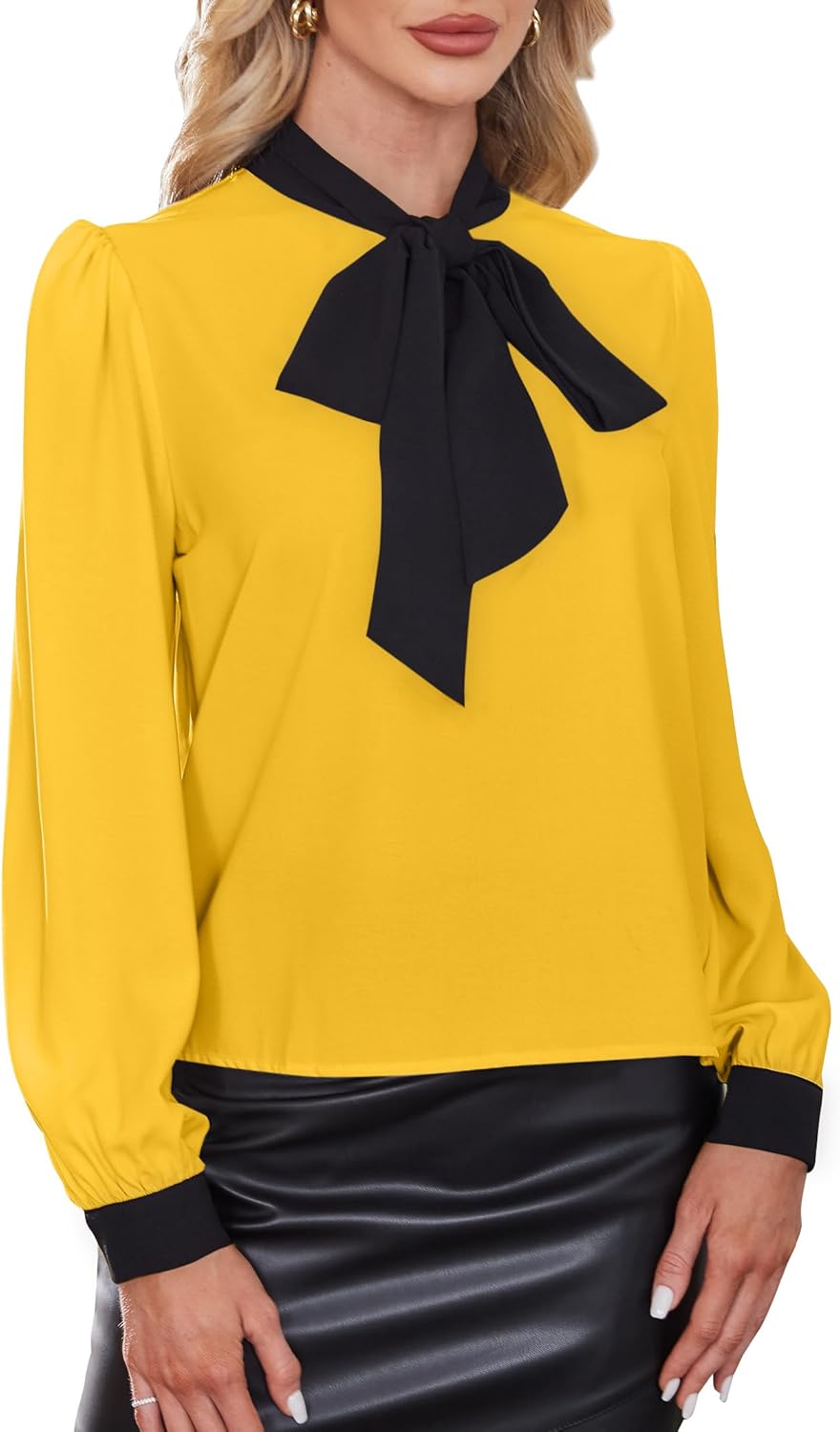 Avanova Women Tie Neck Bishop Long Sleeve Shirts Casual Work Blouses Tops - Image 7