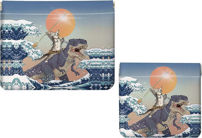 Conjunto com 2 necessaires de maquiagem Luoycxy em couro sintético, sem zíper, com fechamento por mola, estojos para cosméticos, acessórios e viagem, padrão Cats and Dinosaurs