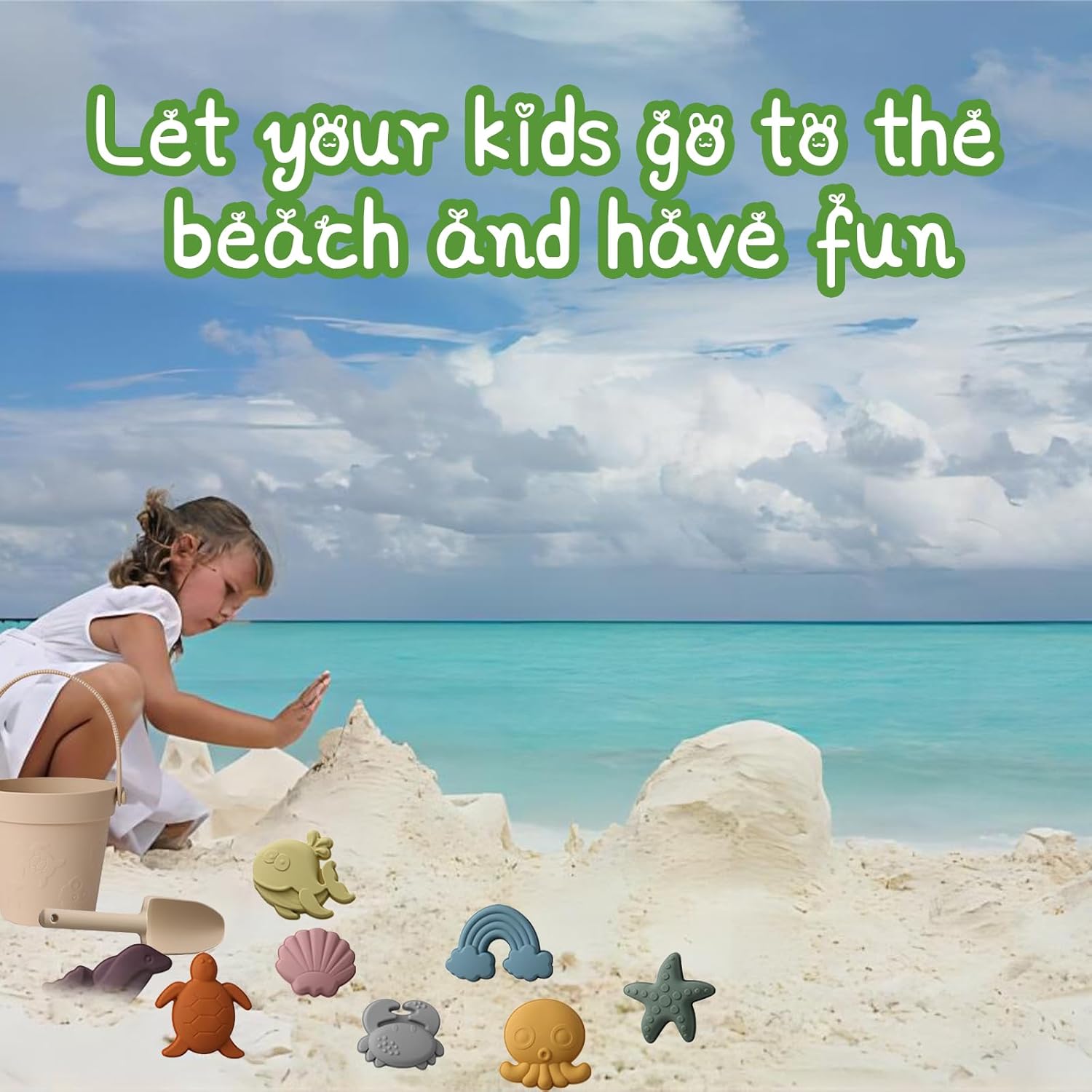 10Pcs Silicone Beach Toys for Toddlers 1-3,Travel Sand Toys Set for Kids, Collapsible Bucket & Shovel with Sand Molds, Quick-Dry Bath Toys, Summer Beach Essentials for Baby Girls Boys(Beige)