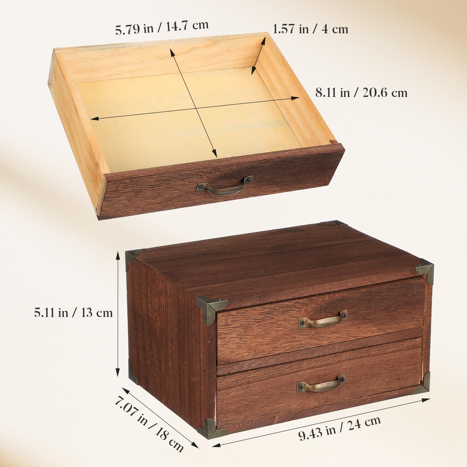 Scatola portaoggetti vintage in legno con due cassetti, elegante organizer da scrivania per casa e ufficio, perfetta per cancelleria e gioielli, design cactus