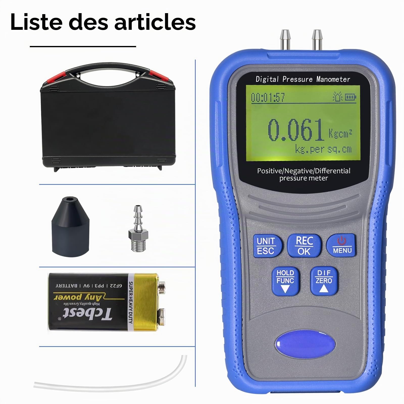 Manomètre Différentiel Numérique ±206.8KPa, Kethvoz Testeur de Pression de Gaz à Deux Ports Mesure de Pression Positive/Négative/Différentielle, avec Fonction d'alerte de Surpression, pour VMC System