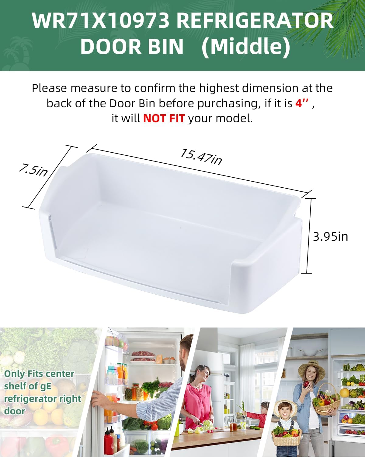 AMI PARTS WR71X10973 WR71X10607 Refrigerator Door Bin Middle Replacement for Ge Refrigerator Door Shelf AP5628753, 2313915, PS3513394, WR71X10253 (No Front)